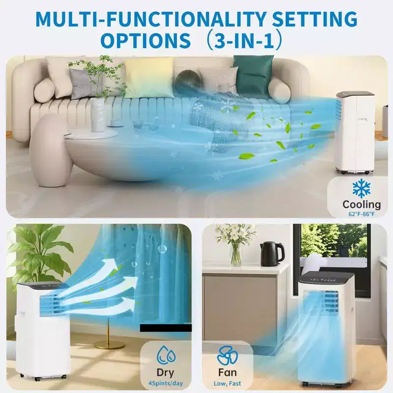 Climatiseur portatif de 8 000 BTU pour pièces jusqu'à 32,5 m², unité de climatisation 3-en-1 avec ventilateur, déshumidificateur, télécommande et mode veille