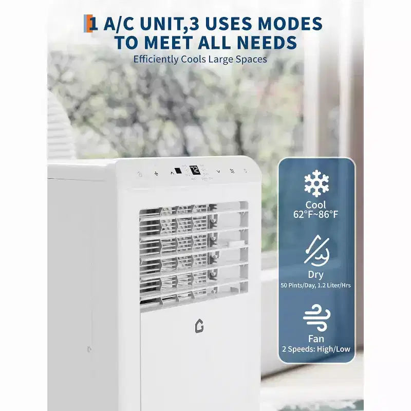 Climatiseur portable 3-en-1 GustoWave 8 000 BTU – Refroidit jusqu'à 42 m², silencieux <42 dB avec minuterie 24h et télécommande, sur pied