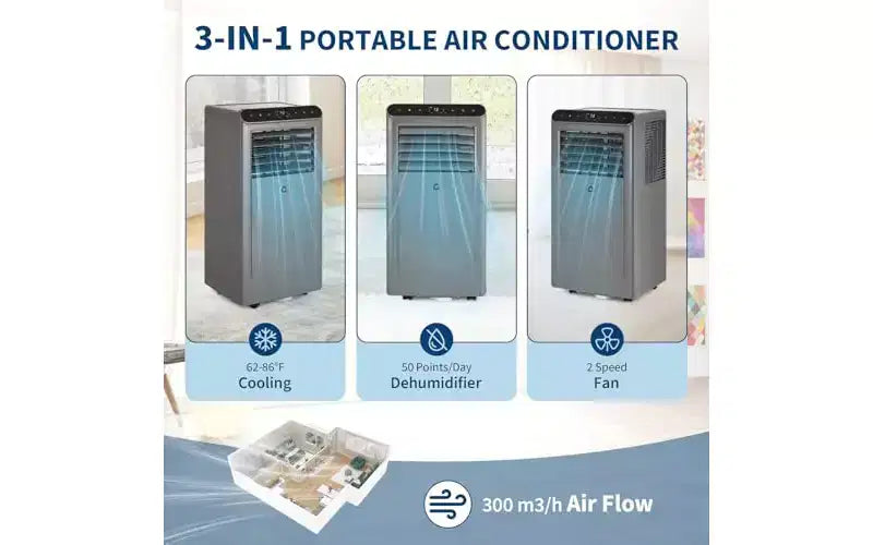 GustoWave 8,000 BTU 4-in-1 Portable Air Conditioner - Cools Up to 350 Sq.Ft, Quiet Operation, Remote Control, 24H Timer, LED Display