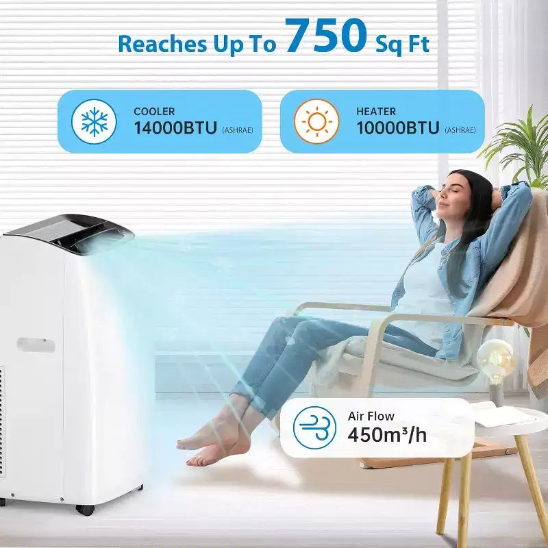 Climatiseur Portable GustoWave 14000 BTU avec Chauffage, Unité de Climatisation Intérieure pour Pièces Jusqu'à 70 m², Blanc/Noir