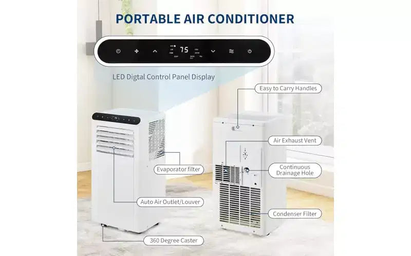 GustoWave 10000 BTU Portable AC 3-in-1 Cooling Dehumidifier Sleep Remote Quiet Black Panel Bedroom Office Apartment