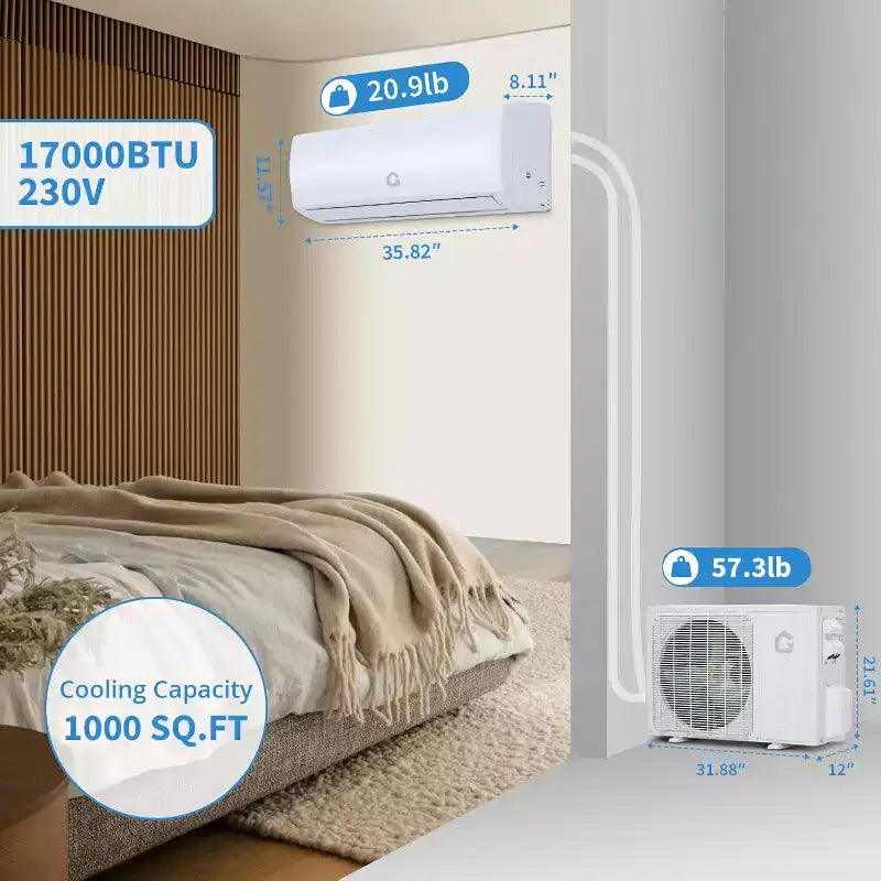 Acekool 17000 BTU Mini Split Air Conditioner Heater, WiFi Inverter Heat Pump, Ductless AC 230V, Cools Heats 1250 Sq.Ft, White
