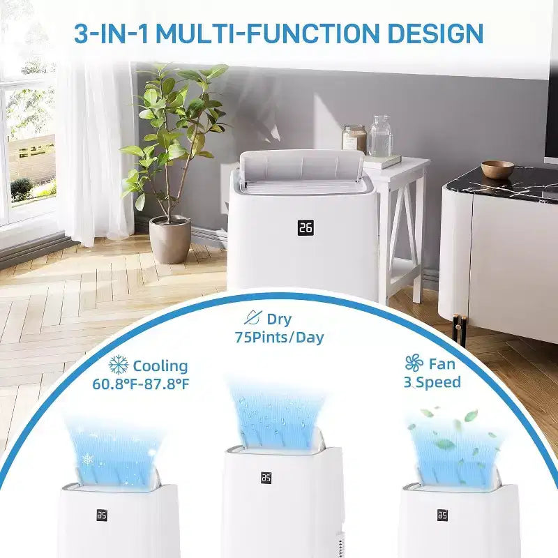GustoWave 12000 BTU Portable Air Conditioner with Cooling, Dehumidifying & Fan Features for Medium Rooms