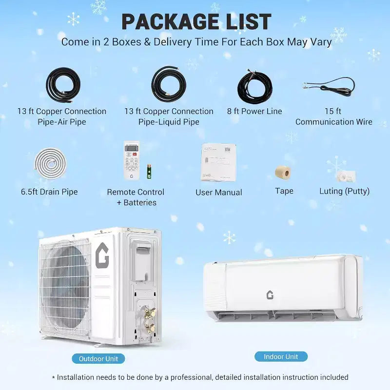 Climatiseur et Chauffage Mini Split 9000 BTU - Système Inverter Sans Conduit 20 SEER2, Auto-Nettoyant, WiFi/Alexa/Télécommande, Kit d'Installation, Refroidit 42 m², Norme Américaine