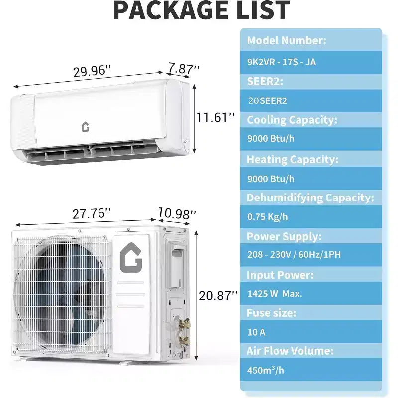 Climatiseur et Chauffage Mini Split 9000 BTU - Système Inverter Sans Conduit 20 SEER2, Auto-Nettoyant, WiFi/Alexa/Télécommande, Kit d'Installation, Refroidit 42 m², Norme Américaine