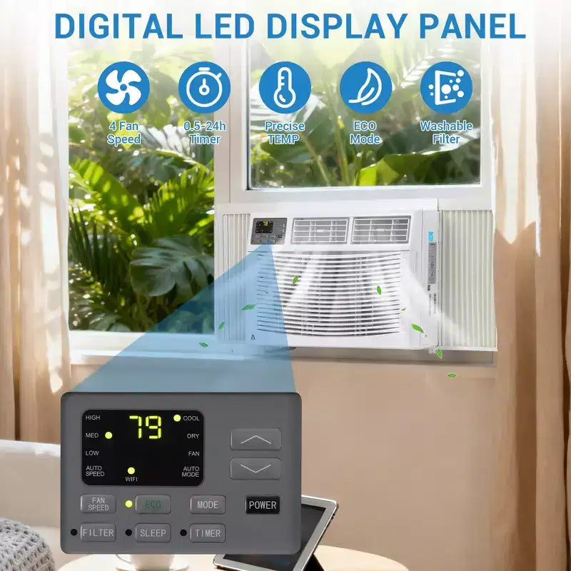 Climatiseur de fenêtre Garvee 12000 BTU avec télécommande, refroidit 32,5 m², 3 vitesses, écran LED silencieux pour chambre, bureau