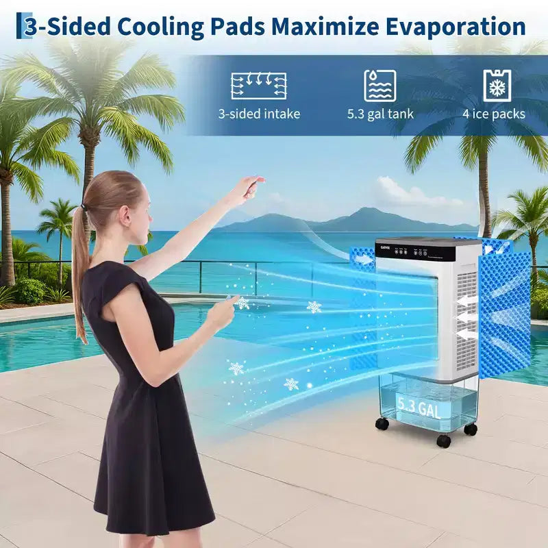 Air Cooler Evaporative Cooler with 5.3Gal Water Tank, 4 Ice Packs, 3-Speed, 120 Oscillation, Remote Control and Timer, 80W Portable Floor Standing