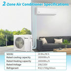 Karl Home 2-Zone 28000 BTU 20 SEER2 Mini Split Air Conditioner with Heat Pump (12K+12K)