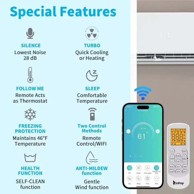 Karl Home Climatiseur bibloc sans conduit avec pompe à chaleur 9 000 BTU 0,75 tonne 20 SEER2 115 V