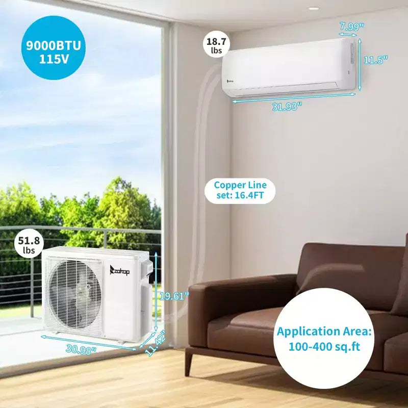 Karl Home Climatiseur bibloc sans conduit avec pompe à chaleur 9 000 BTU 0,75 tonne 20 SEER2 115 V