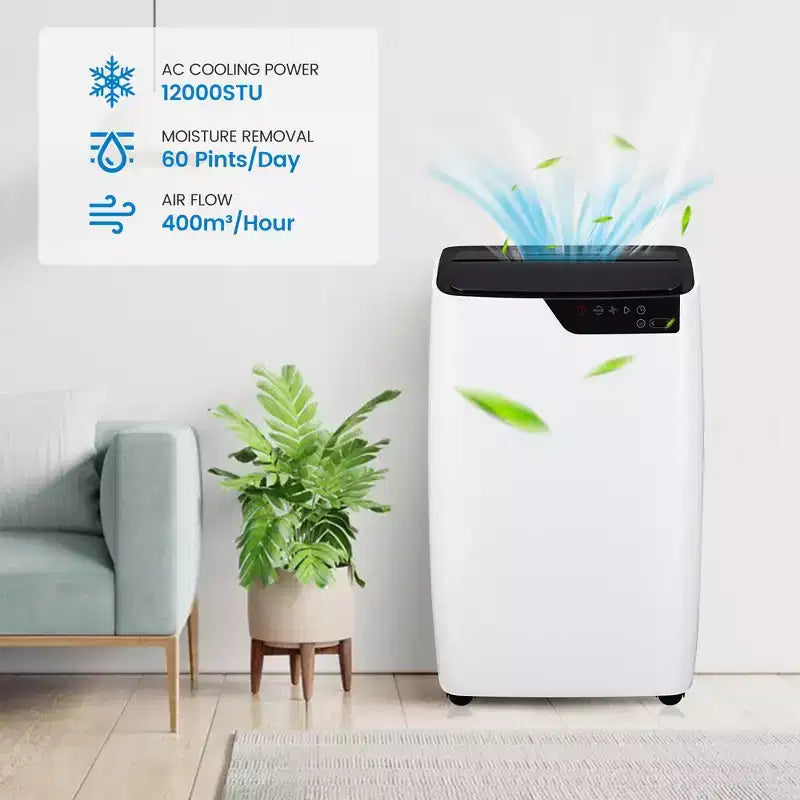 Climatiseur portable 12 000 BTU, climatiseur 3-en-1 avec ventilateur et déshumidificateur, refroidissement silencieux pour les pièces jusqu'à 50 m².