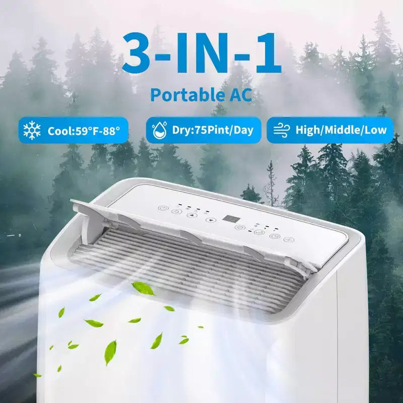 Climatiseur portable 14 000 BTU, multifonction, refroidissement, déshumidificateur, ventilateur, déshumidification automatique, panneau tactile LED, télécommande, kit d'évacuation de fenêtre.