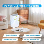 Climatiseur portable 14 000 BTU, multifonction, refroidissement, déshumidificateur, ventilateur, déshumidification automatique, panneau tactile LED, télécommande, kit d'évacuation de fenêtre.