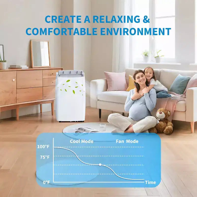 Climatiseur portable 14 000 BTU, multifonction, refroidissement, déshumidificateur, ventilateur, déshumidification automatique, panneau tactile LED, télécommande, kit d'évacuation de fenêtre.