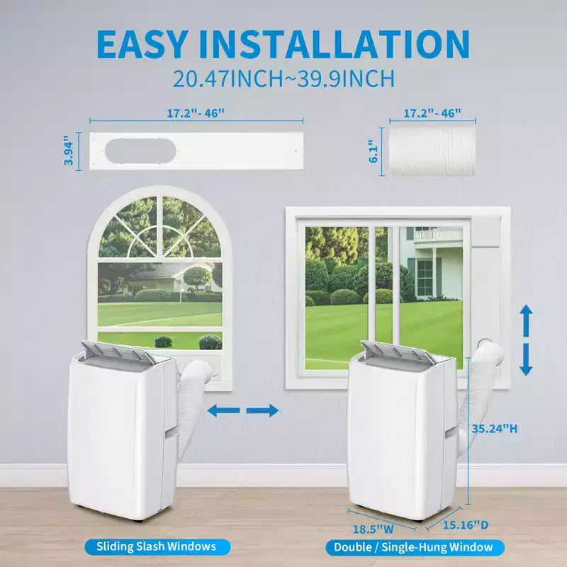 Climatiseur portable 14 000 BTU, multifonction, refroidissement, déshumidificateur, ventilateur, déshumidification automatique, panneau tactile LED, télécommande, kit d'évacuation de fenêtre.