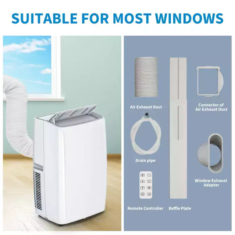 Climatiseur portable 14 000 BTU, multifonction, refroidissement, déshumidificateur, ventilateur, déshumidification automatique, panneau tactile LED, télécommande, kit d'évacuation de fenêtre.