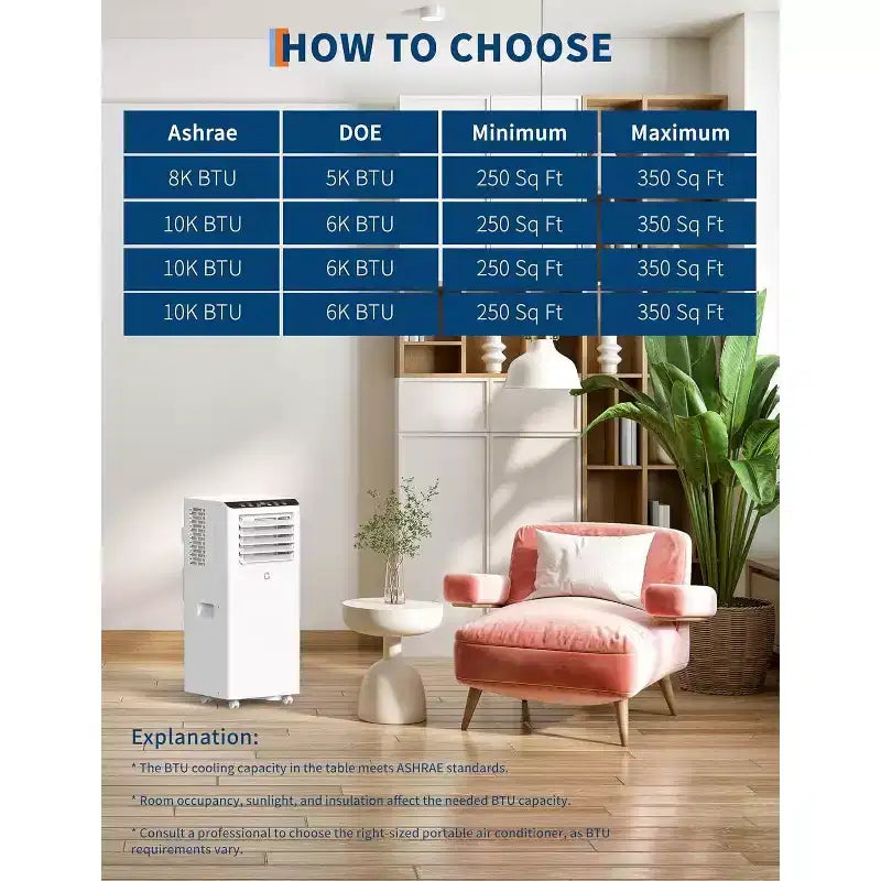 8000 BTU Portable Air Conditioners 3 in-1 Portable AC Unit Cooling Up to 350 Sq.Ft Quiet Standing Air with Remote Control, Cool, Fan, Dehumidifier