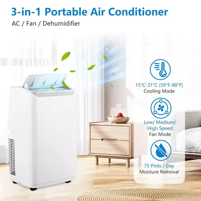 Climatiseur portable | Climatiseur de 14000 BTU refroidissant jusqu'à 65 m² | Avec télécommande, ventilateur AC déshumidificateur | Faible bruit | Mode veille | Idéal pour la maison