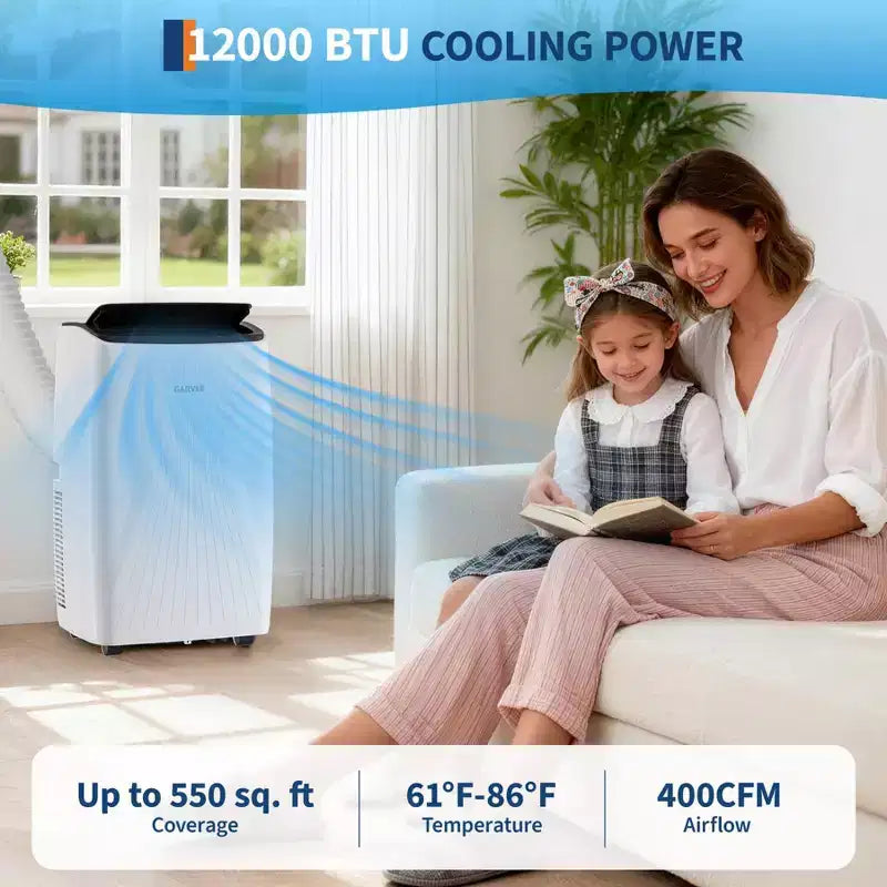 Climatiseur portable 14000 BTU, unité de climatisation portable 3-en-1 pour pièces jusqu'à 65 m² avec modes Refroidissement, Déshumidificateur et Ventilateur, Télécommande, Minuteur 24h