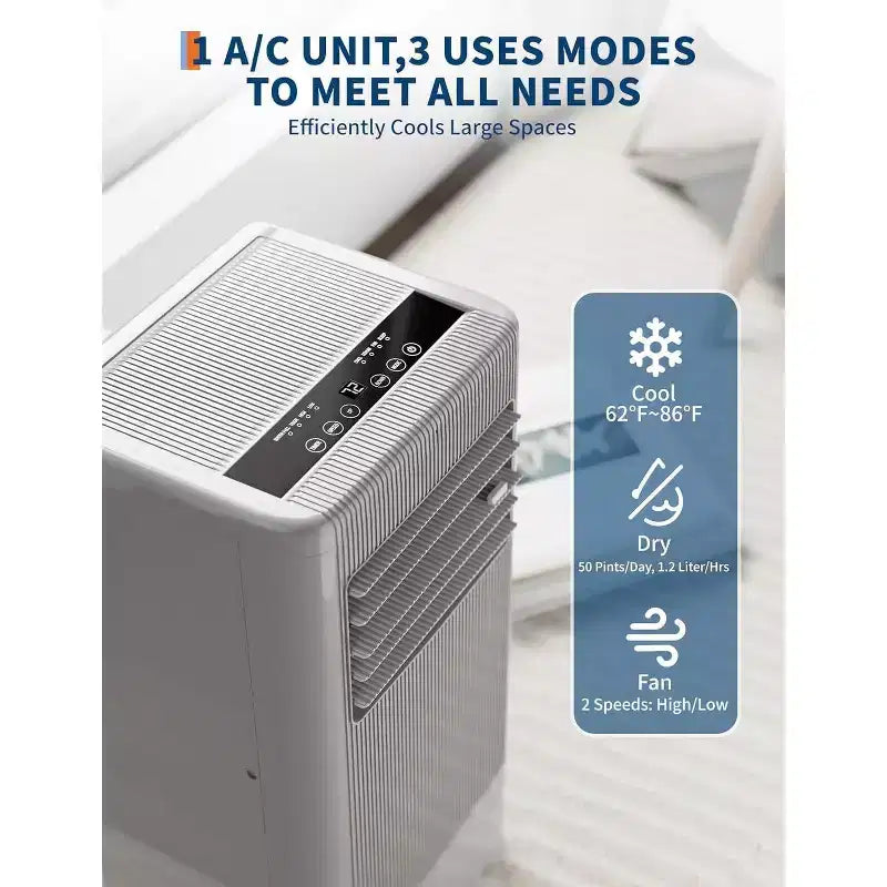10,000 BTU Portable AC Unit  3-in-1 Grey Air Conditioner (1 Pack) for Home, Dorm & Office | Includes Remote,Window Kit & Wheels for Easy Mobility