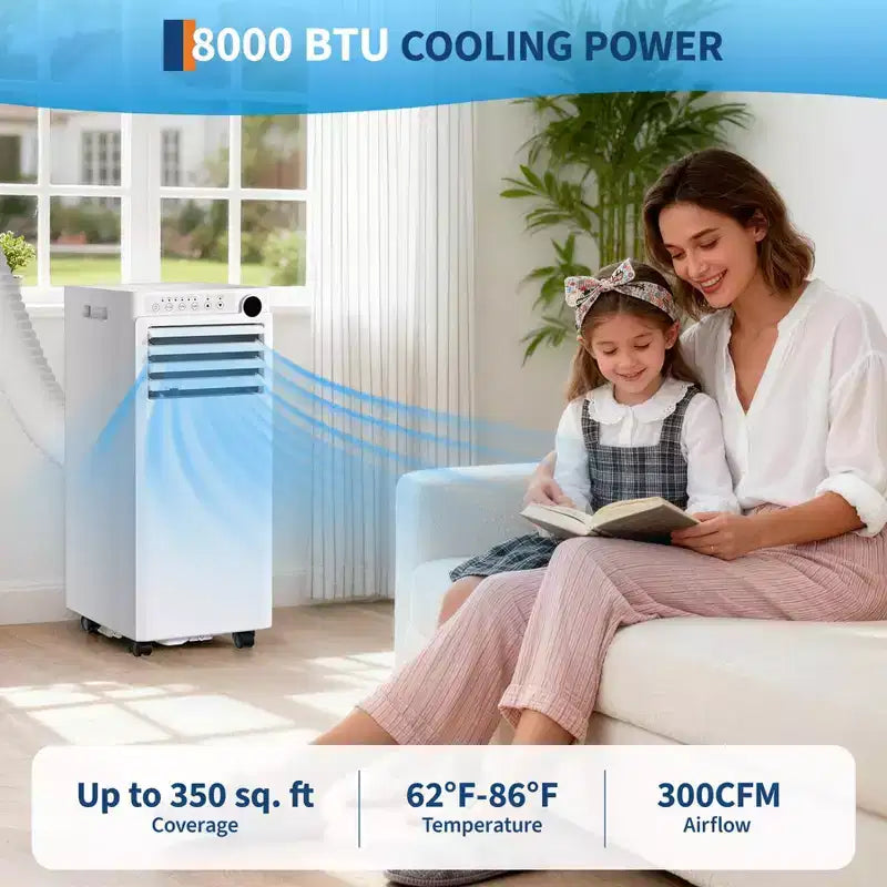 Climatiseur portable 8 000 BTU - Climatiseur blanc 3-en-1 (1 pièce) pour pièces jusqu'à 32,5 m² | Télécommande, kit de fenêtre et minuterie 24h inclus pour chambre à coucher