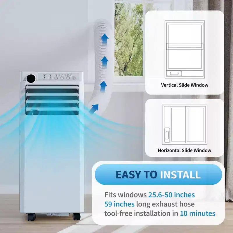 Climatiseur portable 8 000 BTU - Climatiseur blanc 3-en-1 (1 pièce) pour pièces jusqu'à 32,5 m² | Télécommande, kit de fenêtre et minuterie 24h inclus pour chambre à coucher