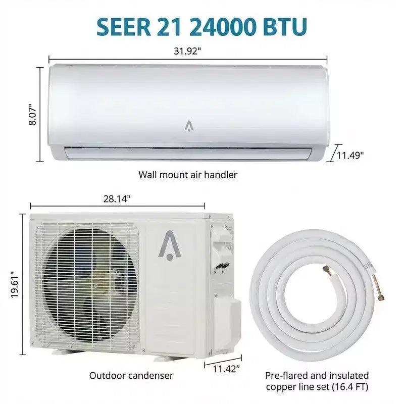 9,000 Btus Mini Split AC, 19 SEER2 Wall Mounted AC with Heat Pump & Installation Kits,Cools up to 450 Sq.Ft, WIFI and Remote Control, 115V