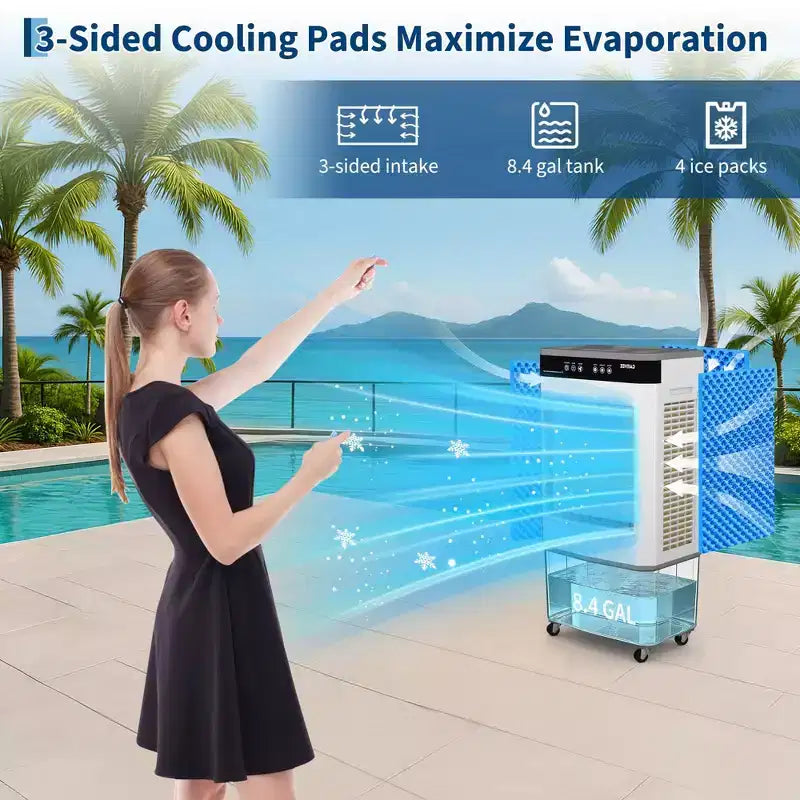 Ventilateur de climatiseur portable - Refroidisseur évaporatif à 3 vitesses, débit d'air réglable, télécommande, minuterie 2/4/8H, pour chambre, dortoir, bureau et voyage