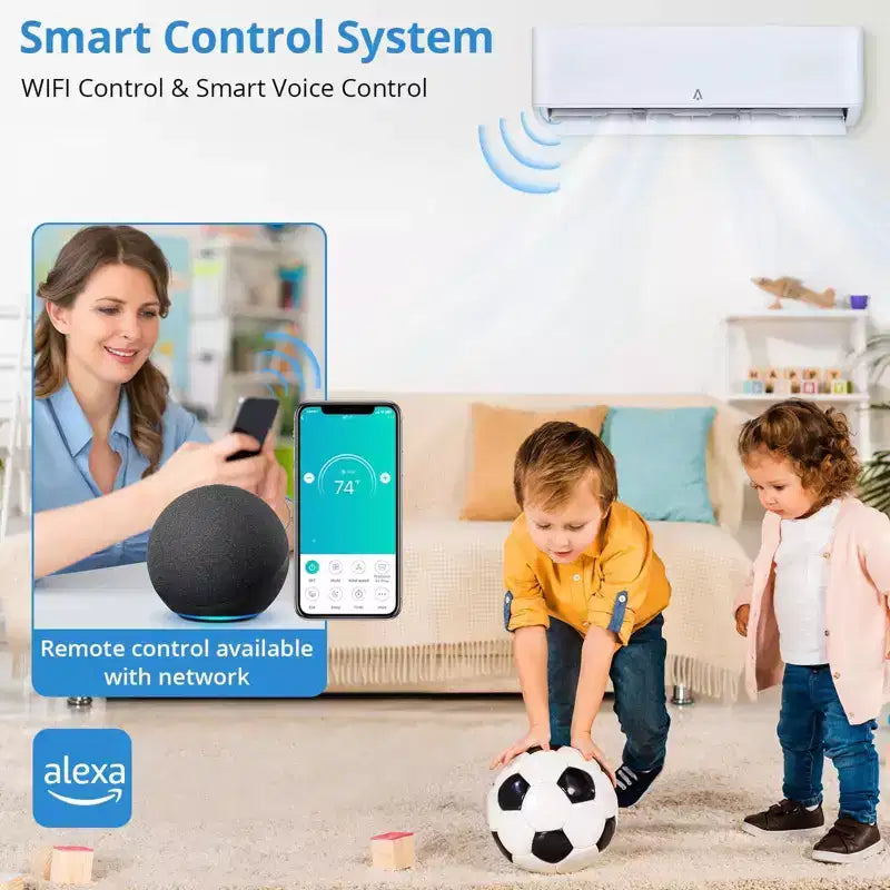 18,000 BTU 23 SEER2 Mini Split AC/Heat Pump - WiFi/Alexa, Ultra-Quiet, 208-230V, White, Cools/Heats 1,250 Sq.Ft, Complete Installation Kit
