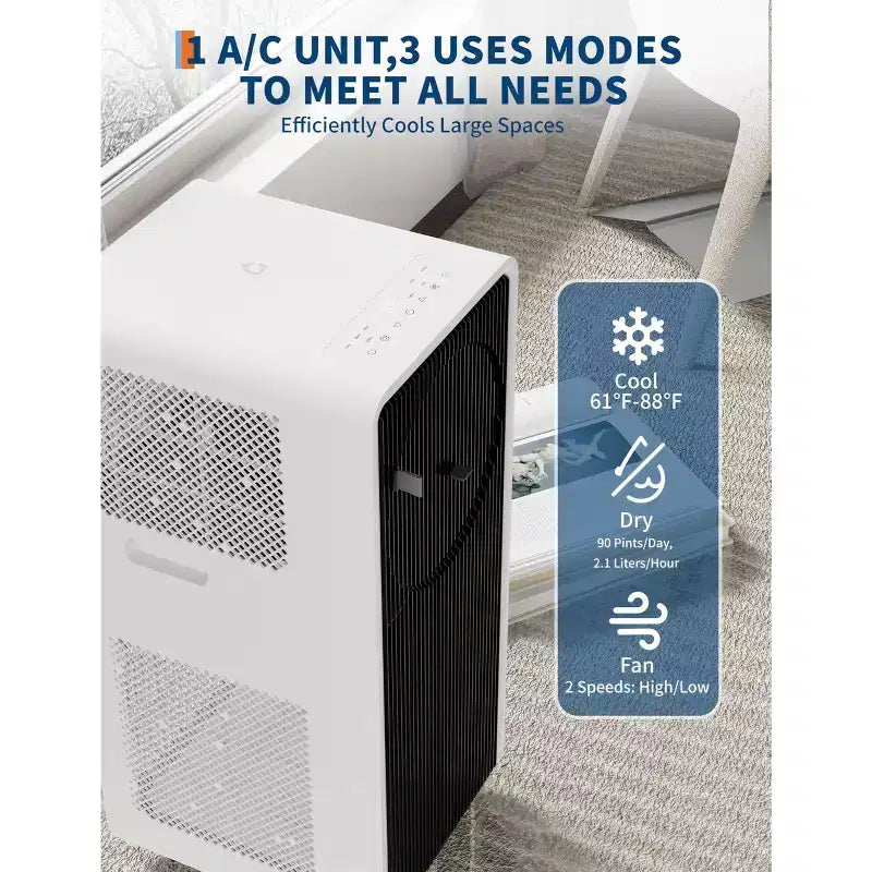 14,000 BTU 3-in-1 Portable Air Conditioner - White/Black, Cools 750 Sq.Ft, Ultra Quiet, Includes Remote for Bedroom/Living Room/Office