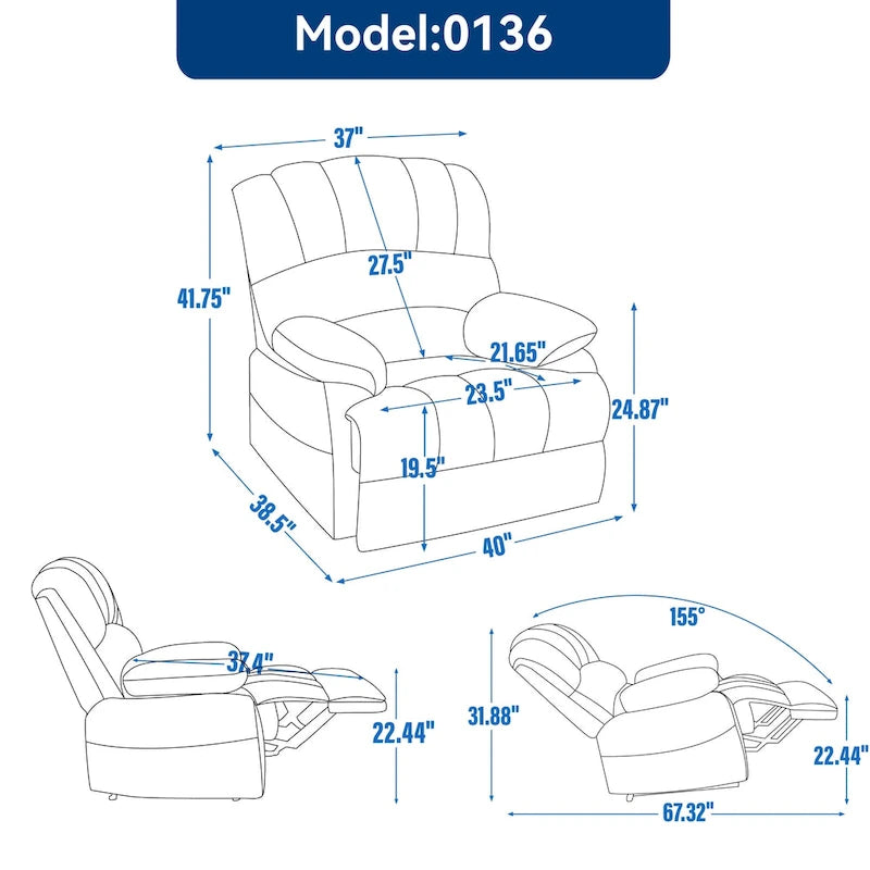 Sillón reclinable manual extra grande tapizado en tela