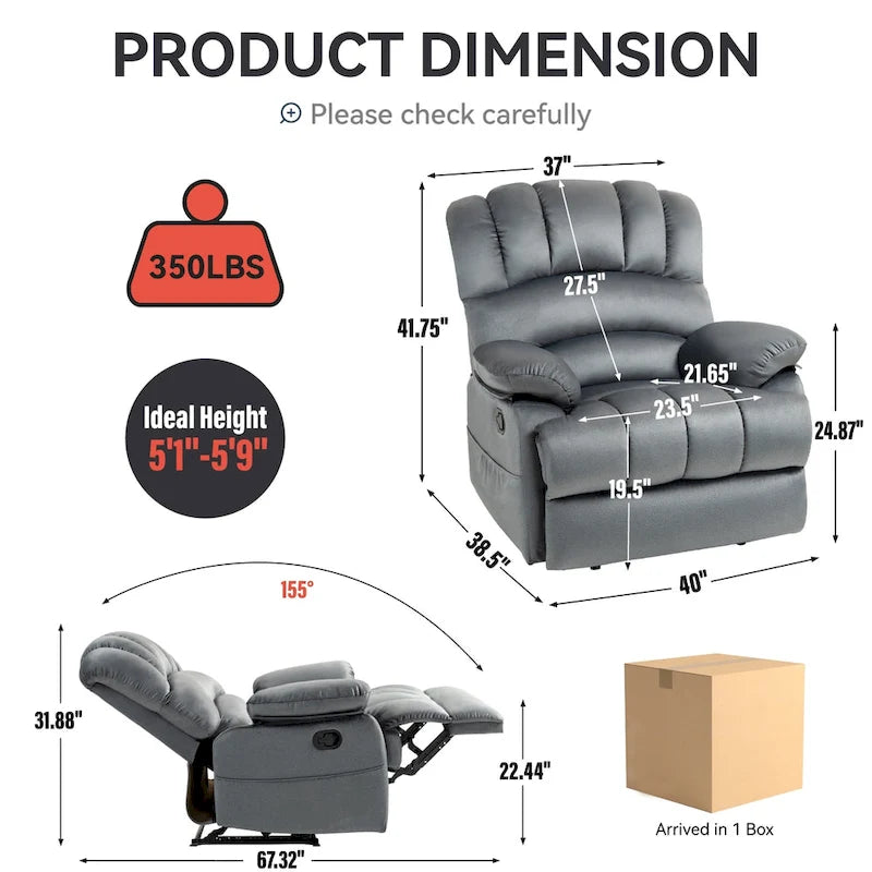 Sillón reclinable manual extra grande tapizado en tela