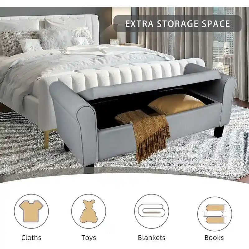 Velvet Ottoman Bench with Storage and Arms