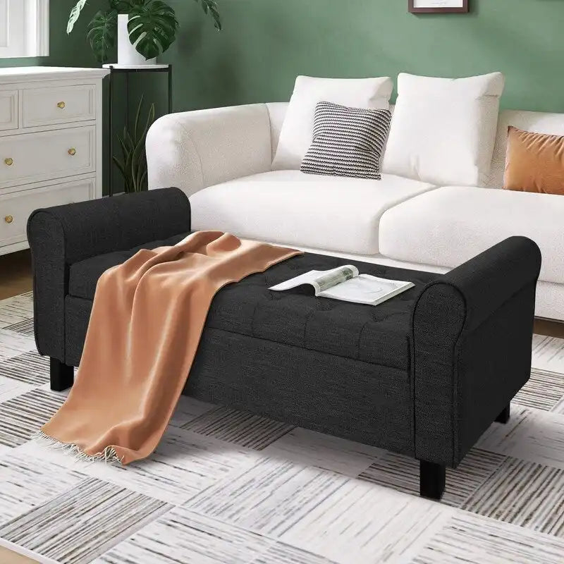 Velvet Ottoman Bench with Storage and Arms