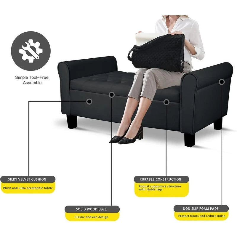 Velvet Ottoman Bench with Storage and Arms