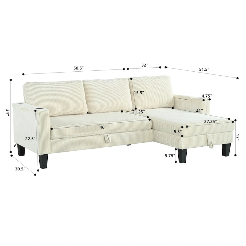 Christopher Knight Home - Reversible Fabric Sleeper L-Shaped Sectional Sofa with Storage Chaise, USB Ports & Cup Holders