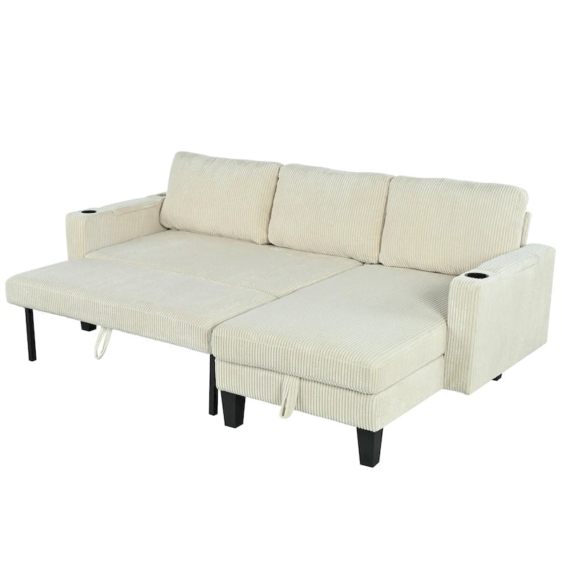 Christopher Knight Home - Reversible Fabric Sleeper L-Shaped Sectional Sofa with Storage Chaise, USB Ports & Cup Holders
