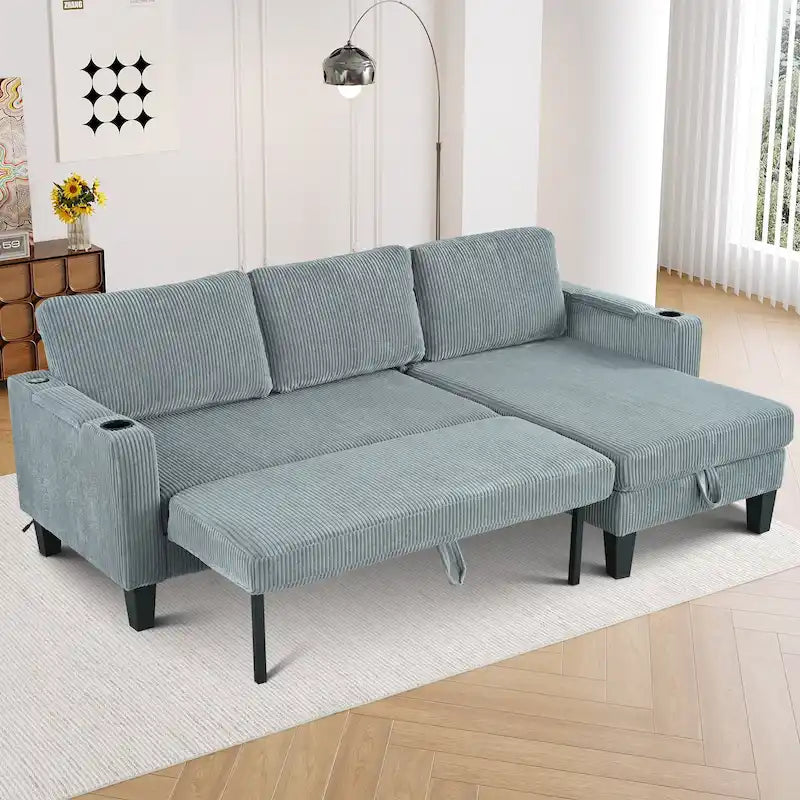 Christopher Knight Home - Reversible Fabric Sleeper L-Shaped Sectional Sofa with Storage Chaise, USB Ports & Cup Holders
