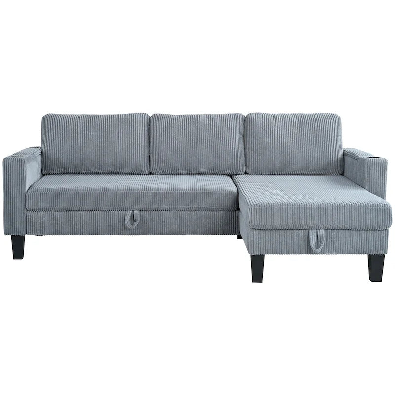 Christopher Knight Home - Reversible Fabric Sleeper L-Shaped Sectional Sofa with Storage Chaise, USB Ports & Cup Holders