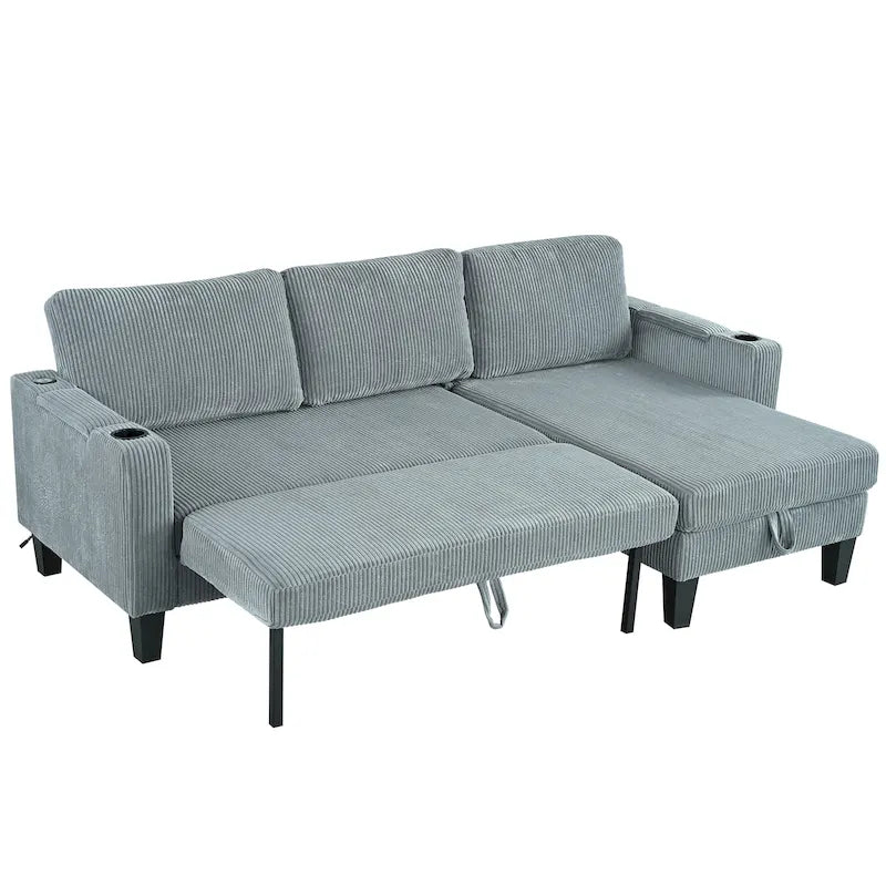Christopher Knight Home - Reversible Fabric Sleeper L-Shaped Sectional Sofa with Storage Chaise, USB Ports & Cup Holders