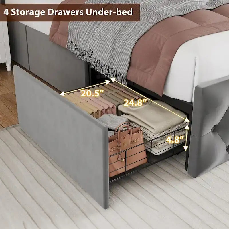 Velvet Upholstered Bed Frame with Wingback Headboard