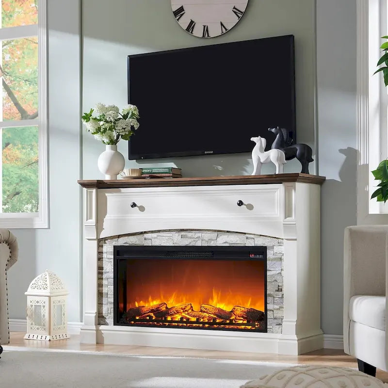 Farmhouse Fireplace TV Stand with Mantel, Tall Entertainment Center