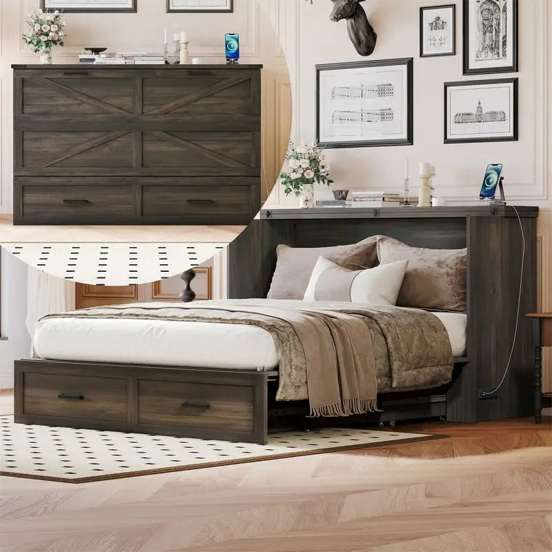 Farmhouse Murphy Bed Wall Bed with a Large Drawer, Full/Queen Size Foldable Murphy Cabinet Bed with Charging Station