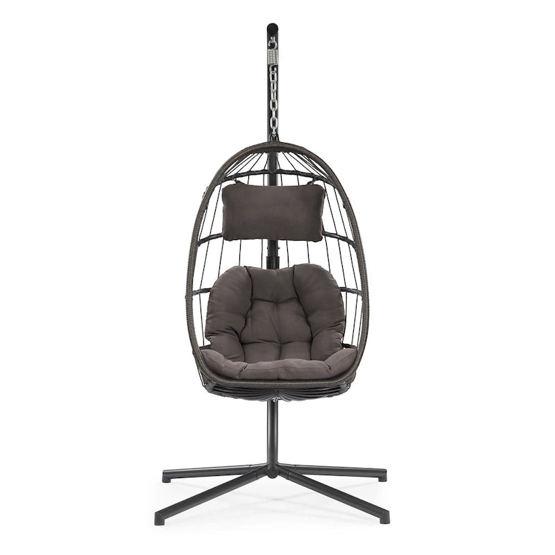 Sillón Colgante Tipo Huevo con Soporte, Mimbre de Ratan y Estructura de Aluminio, para Todo Tipo de Clima con Cojín y Reposacabezas