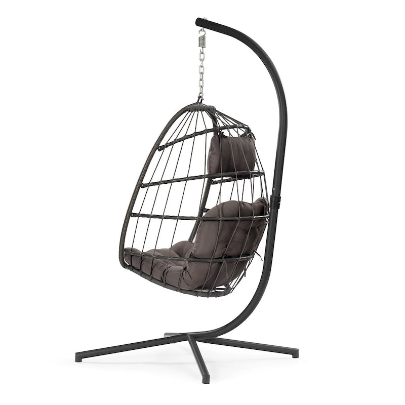 Sillón Colgante Tipo Huevo con Soporte, Mimbre de Ratan y Estructura de Aluminio, para Todo Tipo de Clima con Cojín y Reposacabezas