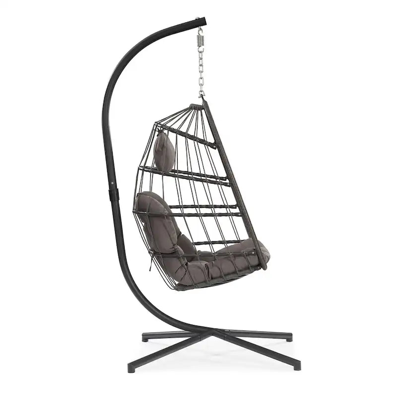 Sillón Colgante Tipo Huevo con Soporte, Mimbre de Ratan y Estructura de Aluminio, para Todo Tipo de Clima con Cojín y Reposacabezas