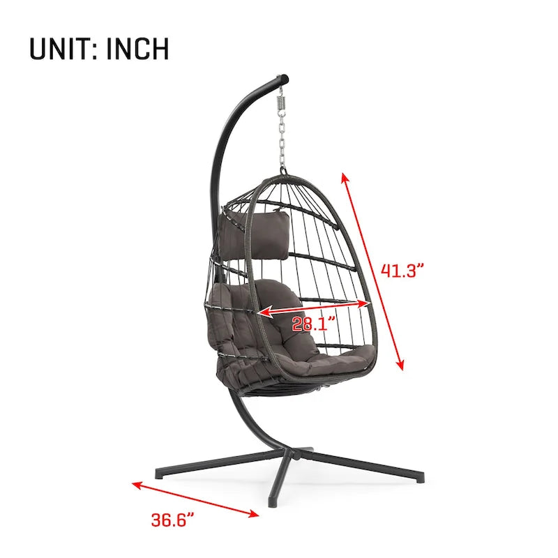 Sillón Colgante Tipo Huevo con Soporte, Mimbre de Ratan y Estructura de Aluminio, para Todo Tipo de Clima con Cojín y Reposacabezas