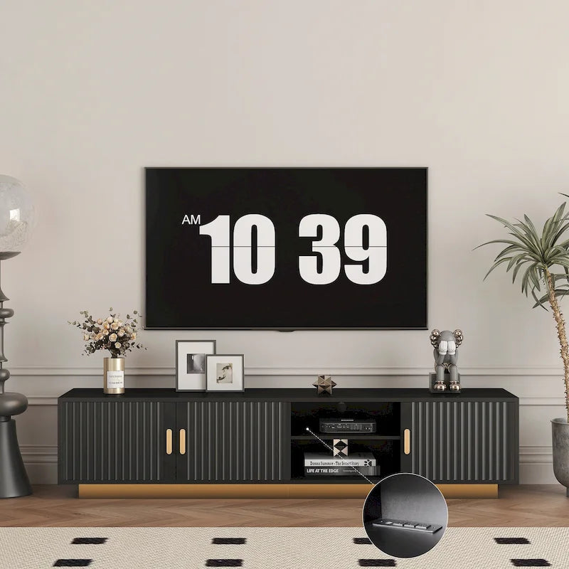 Mueble de TV negro de mediados de siglo con luces LED y almacenamiento para televisores de hasta 60 pulgadas