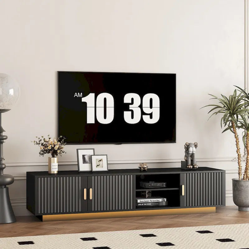 Mueble de TV negro de mediados de siglo con luces LED y almacenamiento para televisores de hasta 60 pulgadas