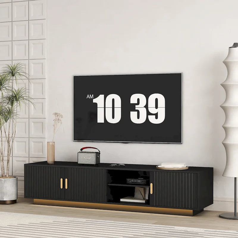 Mueble de TV negro de mediados de siglo con luces LED y almacenamiento para televisores de hasta 60 pulgadas